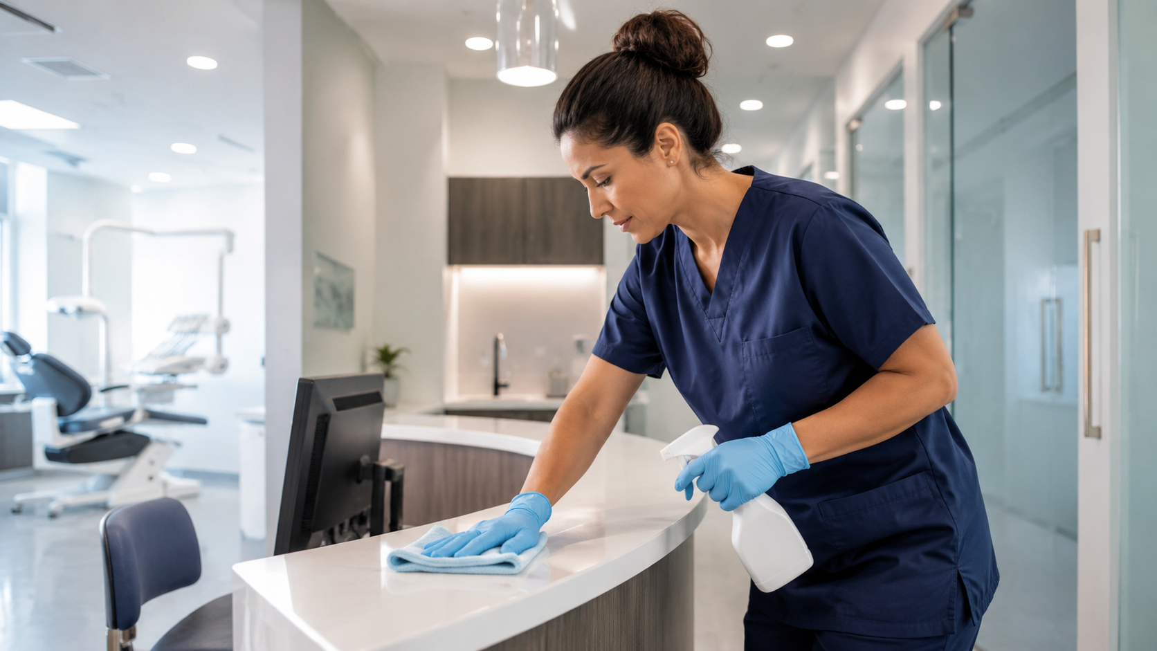 AAP Superior Services technician disinfecting a medical office reception desk in Bowling Green, KY