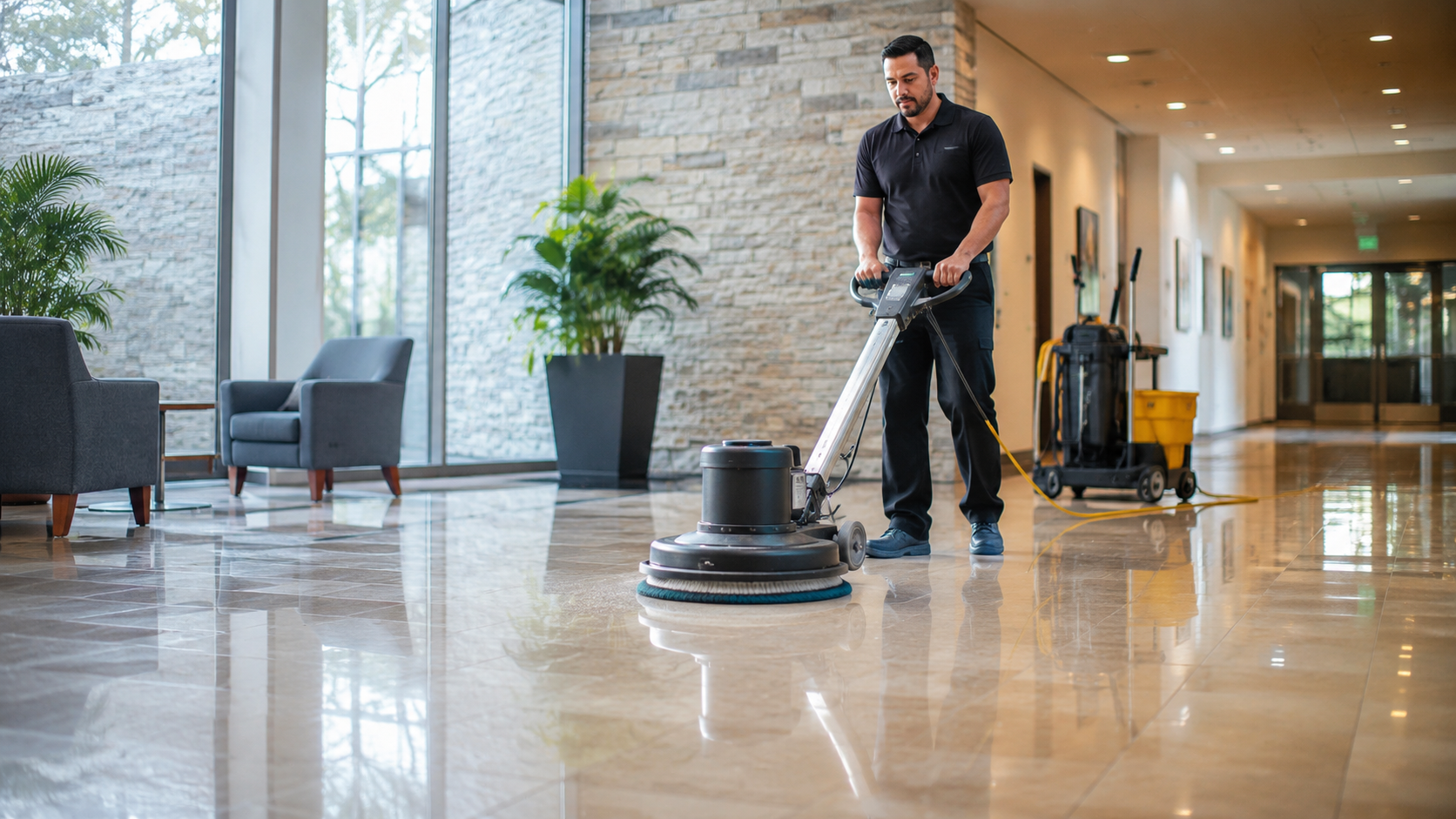 AAP Superior Services technician buffing and polishing commercial tile floors in Bowling Green, KY