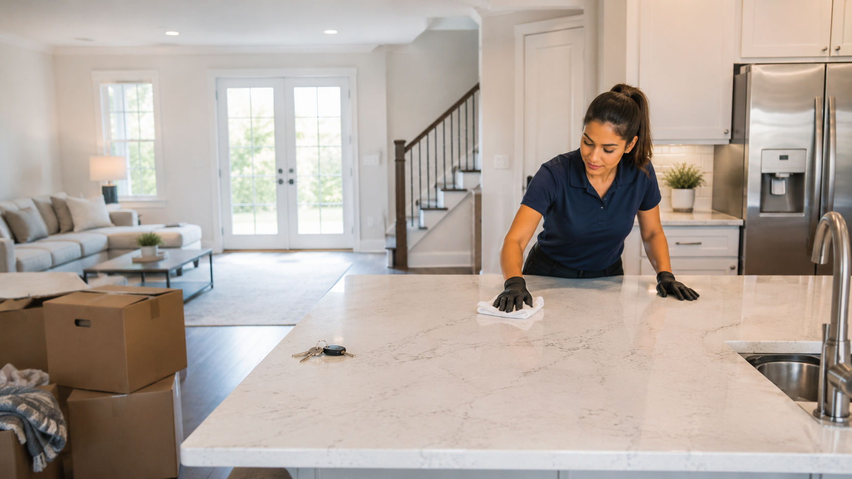 AAP Superior Services technician cleaning a kitchen during a move-in move-out clean in Bowling Green, KY