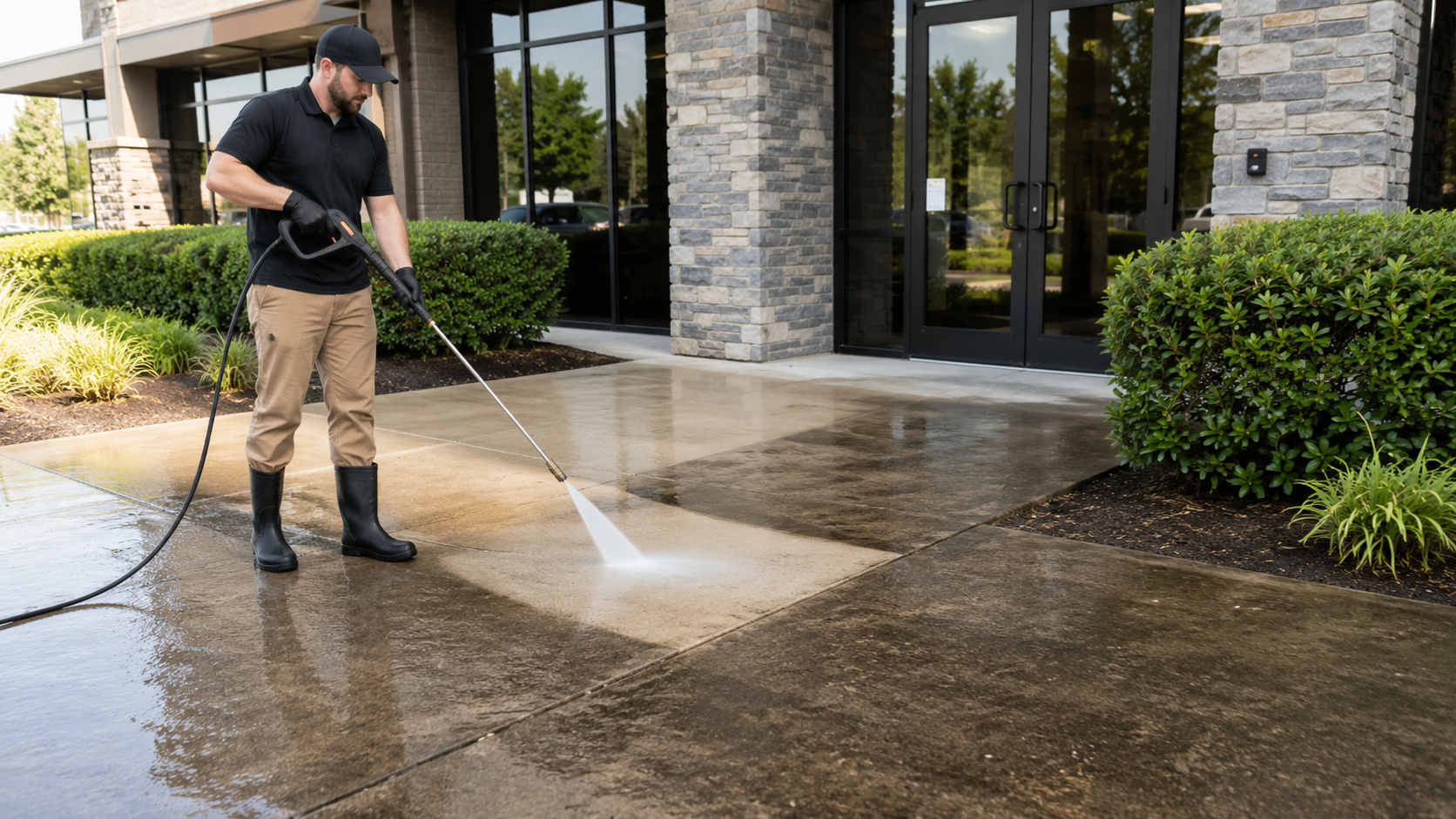 AAP Superior Services technician pressure washing a commercial building entrance in Bowling Green, KY